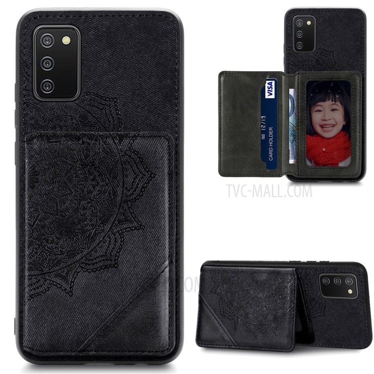 Mandala Flower Pattern PU Leather+TPU Wallet Kickstand Case for Samsung Galaxy A02s (164.2x75.9x9.1mm) - Black-1