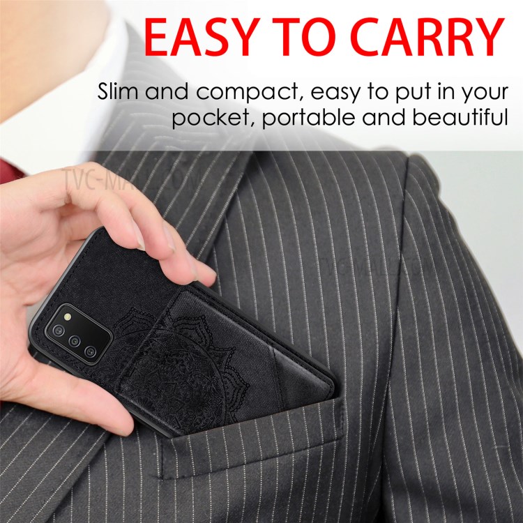Mandala Flower Pattern PU Leather+TPU Wallet Kickstand Case for Samsung Galaxy A02s (164.2x75.9x9.1mm) - Black-11