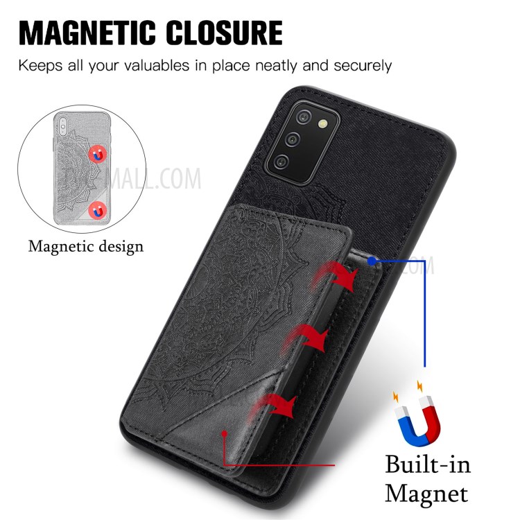 Mandala Flower Pattern PU Leather+TPU Wallet Kickstand Case for Samsung Galaxy A02s (164.2x75.9x9.1mm) - Black-12