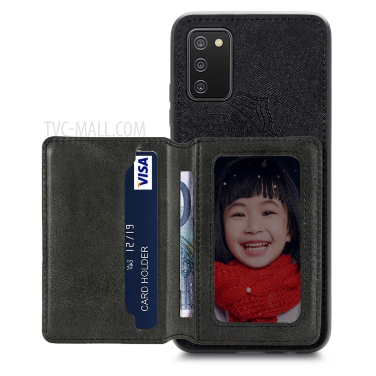 Mandala Flower Pattern PU Leather+TPU Wallet Kickstand Case for Samsung Galaxy A02s (164.2x75.9x9.1mm) - Black-3