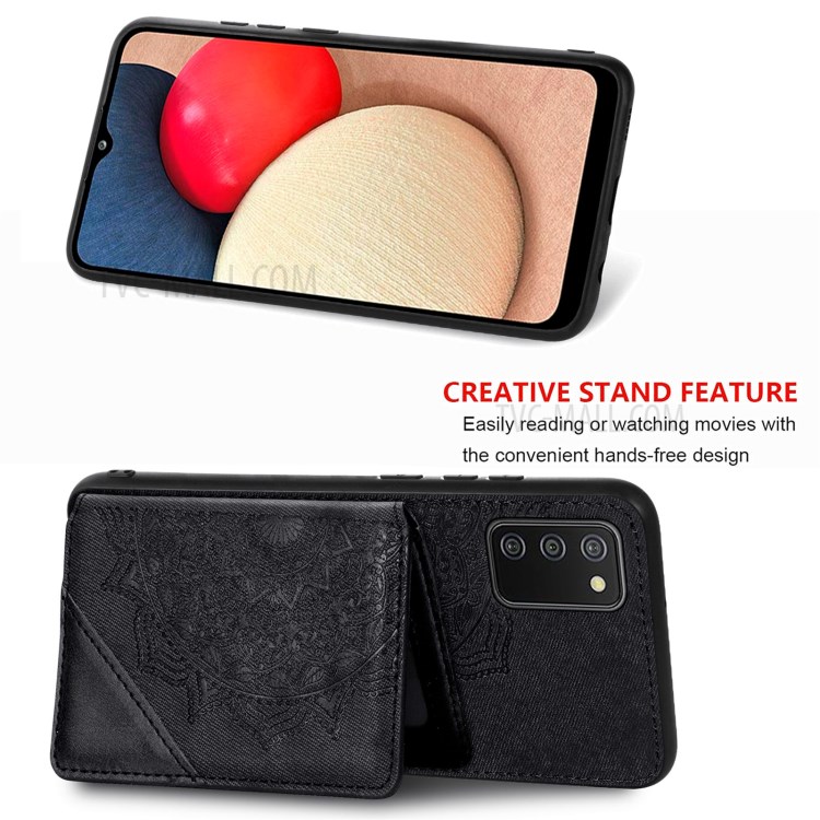 Mandala Flower Pattern PU Leather+TPU Wallet Kickstand Case for Samsung Galaxy A02s (164.2x75.9x9.1mm) - Black-4