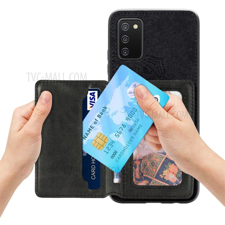 Mandala Flower Pattern PU Leather+TPU Wallet Kickstand Case for Samsung Galaxy A02s (164.2x75.9x9.1mm) - Black-7