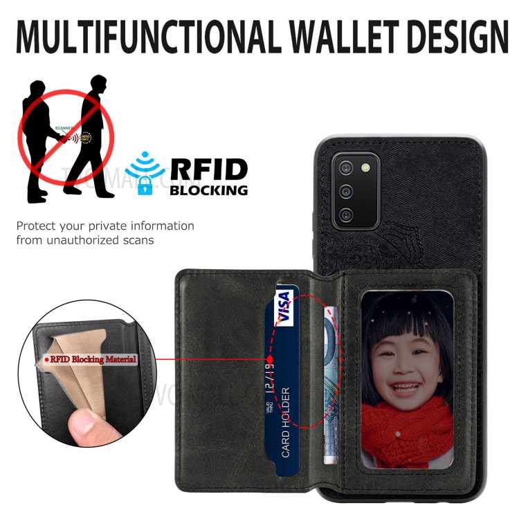 Mandala Flower Pattern PU Leather+TPU Wallet Kickstand Case for Samsung Galaxy A02s (164.2x75.9x9.1mm) - Black-9
