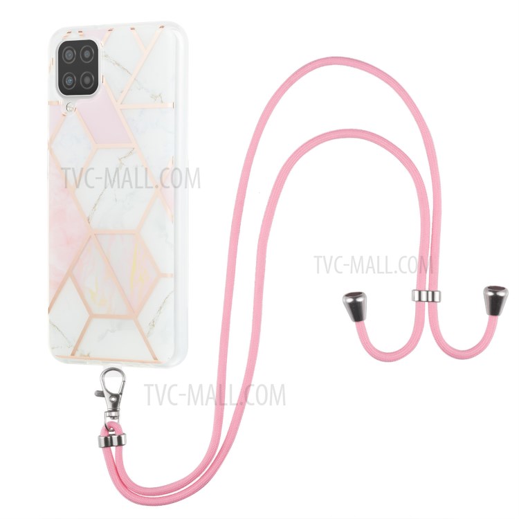 Marble Pattern 2.0mm IMD Electroplating Protective Phone Cover with Lanyard for Samsung Galaxy A12 - Pink/White-1
