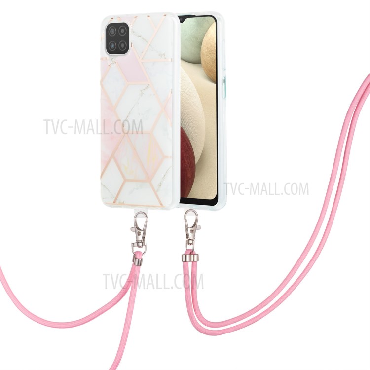 Marble Pattern 2.0mm IMD Electroplating Protective Phone Cover with Lanyard for Samsung Galaxy A12 - Pink/White-2