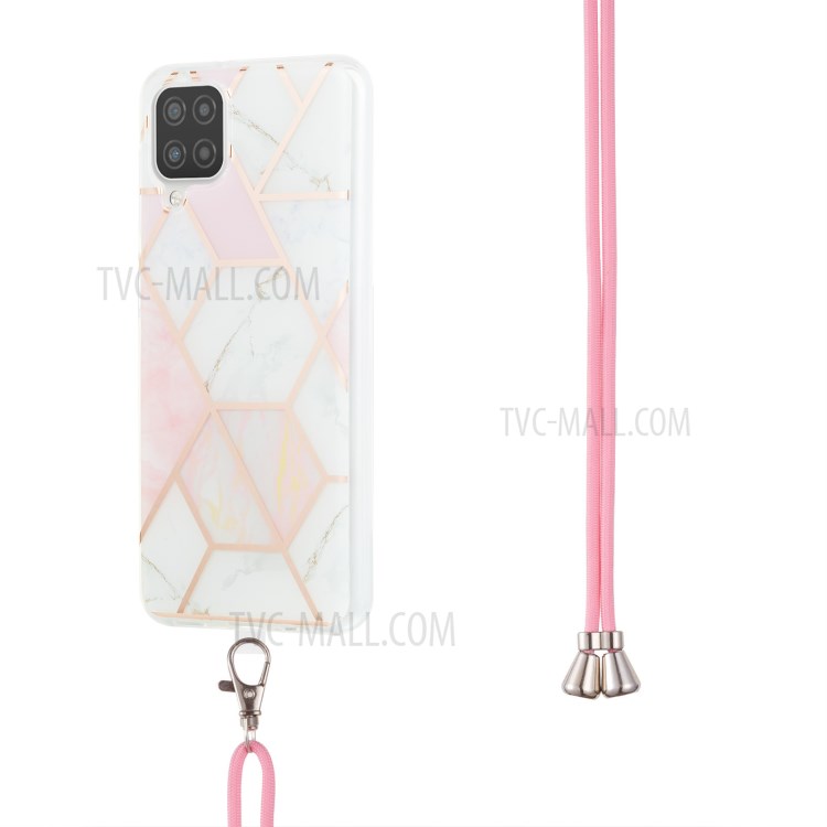 Marble Pattern 2.0mm IMD Electroplating Protective Phone Cover with Lanyard for Samsung Galaxy A12 - Pink/White-3