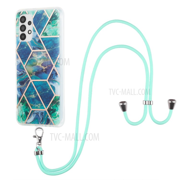 Marble Pattern Protective Shell 2.0mm IMD Electroplating Phone Skin Case with Lanyard for Samsung Galaxy A32 5G - Blue/Green-1