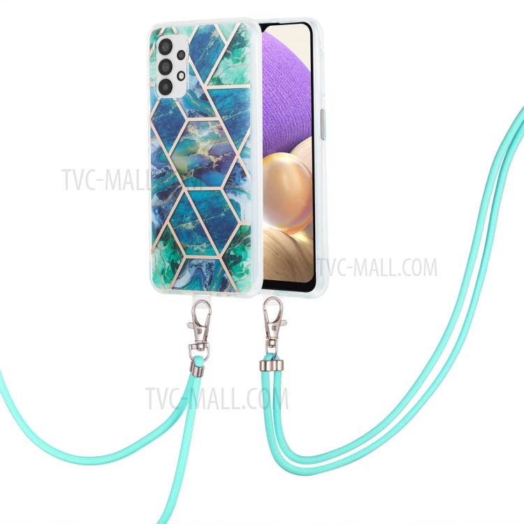 Marble Pattern Protective Shell 2.0mm IMD Electroplating Phone Skin Case with Lanyard for Samsung Galaxy A32 5G - Blue/Green-2