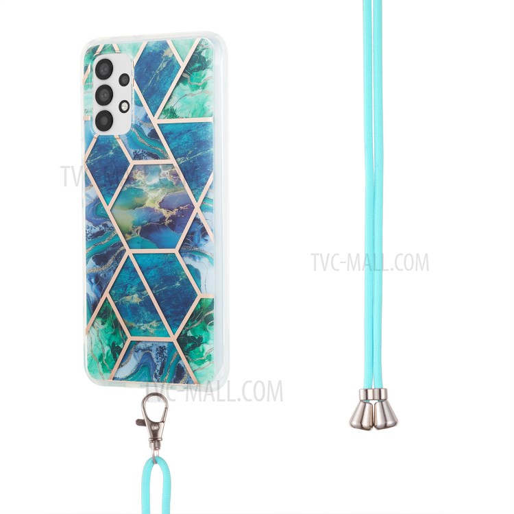 Marble Pattern Protective Shell 2.0mm IMD Electroplating Phone Skin Case with Lanyard for Samsung Galaxy A32 5G - Blue/Green-3