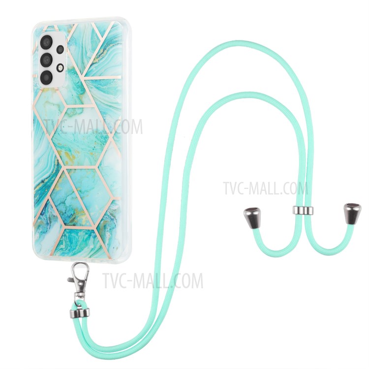 Marble Pattern Protective Shell 2.0mm IMD Electroplating Phone Skin Case with Lanyard for Samsung Galaxy A32 5G - Blue-1