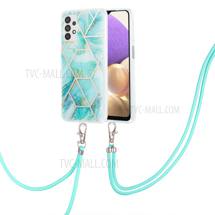 Marble Pattern Protective Shell 2.0mm IMD Electroplating Phone Skin Case with Lanyard for Samsung Galaxy A32 5G - Blue-2