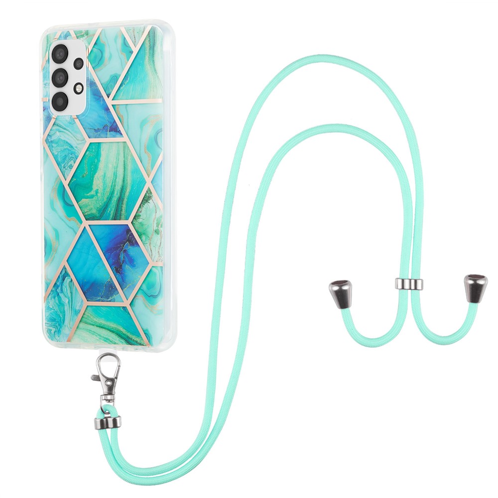 Marble Pattern Protective Shell 2.0mm IMD Electroplating Phone Skin Case with Lanyard for Samsung Galaxy A32 5G - Green-1