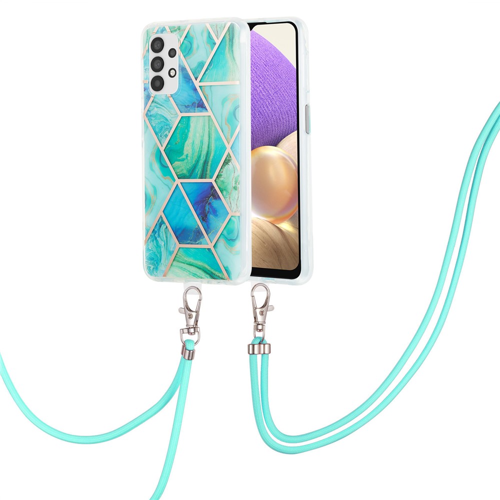 Marble Pattern Protective Shell 2.0mm IMD Electroplating Phone Skin Case with Lanyard for Samsung Galaxy A32 5G - Green-2