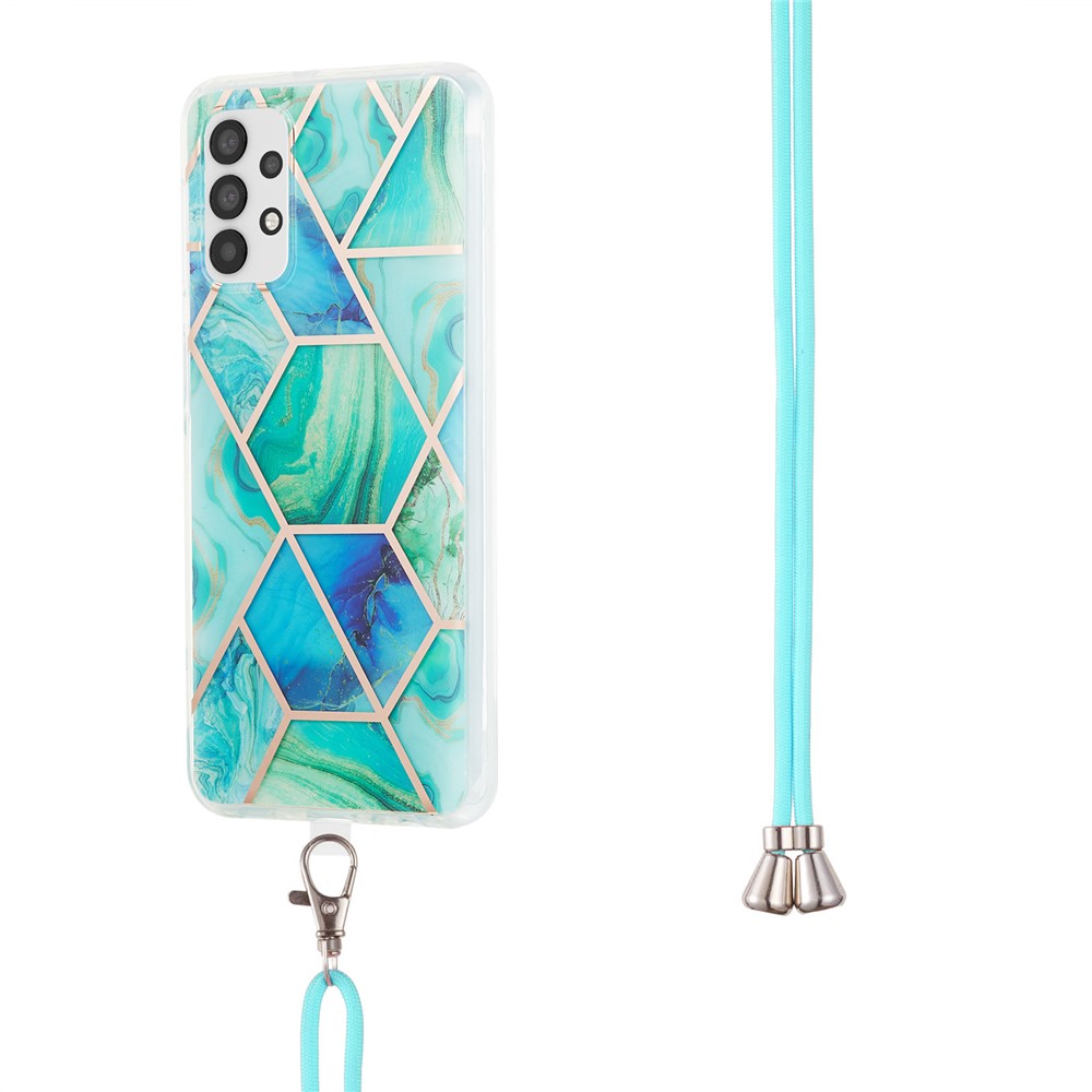 Marble Pattern Protective Shell 2.0mm IMD Electroplating Phone Skin Case with Lanyard for Samsung Galaxy A32 5G - Green-3