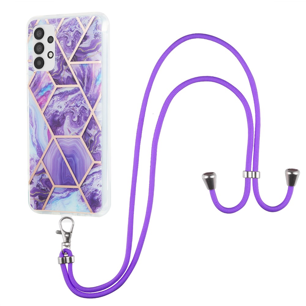 Marble Pattern Protective Shell 2.0mm IMD Electroplating Phone Skin Case with Lanyard for Samsung Galaxy A32 5G - Dark Purple-1