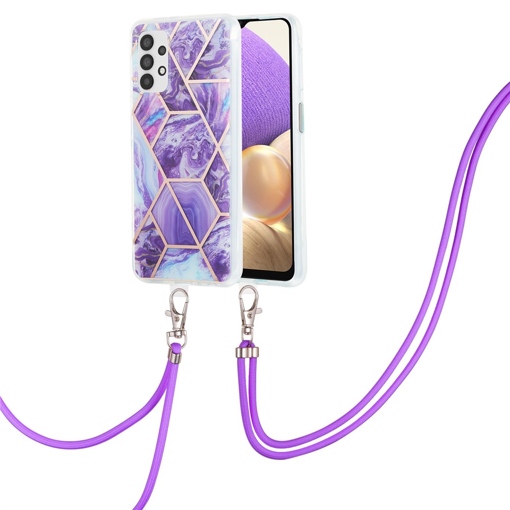 Marble Pattern Protective Shell 2.0mm IMD Electroplating Phone Skin Case with Lanyard for Samsung Galaxy A32 5G - Dark Purple-2