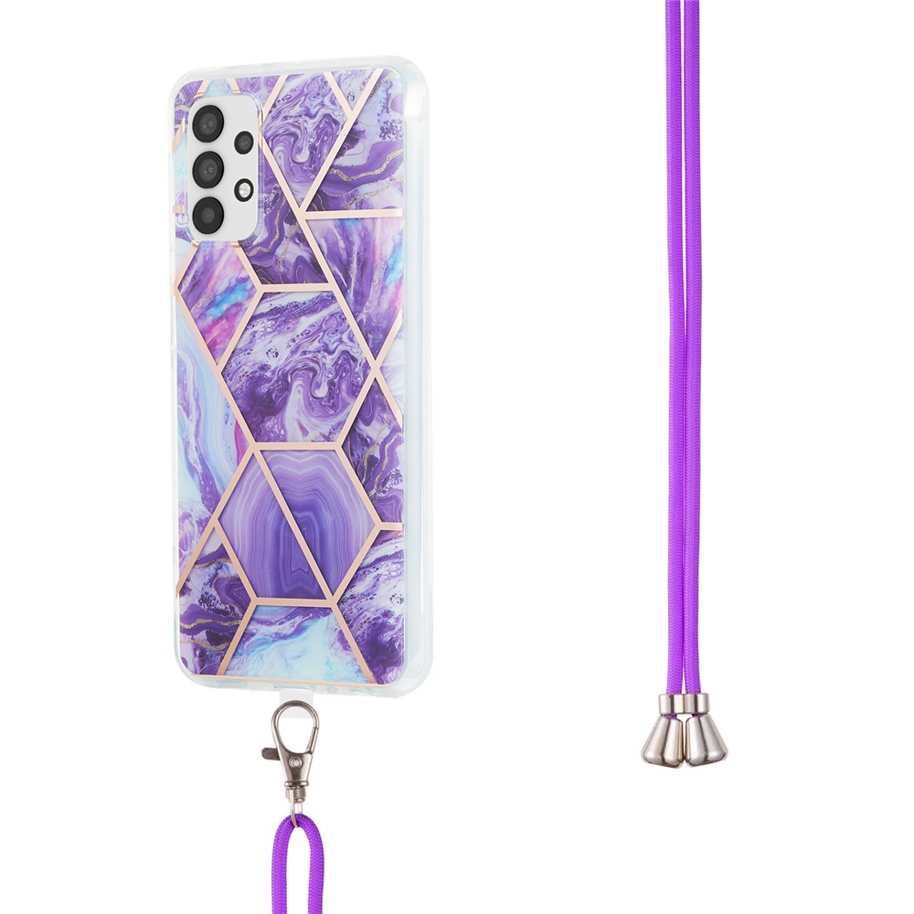 Marble Pattern Protective Shell 2.0mm IMD Electroplating Phone Skin Case with Lanyard for Samsung Galaxy A32 5G - Dark Purple-3