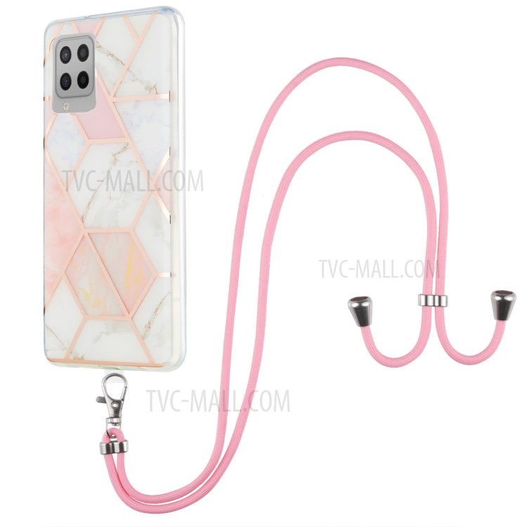 Marble Pattern Protective Shell 2.0mm IMD Electroplating Phone Skin with Carrying Lanyard for Samsung Galaxy A42 5G - Pink/White-1