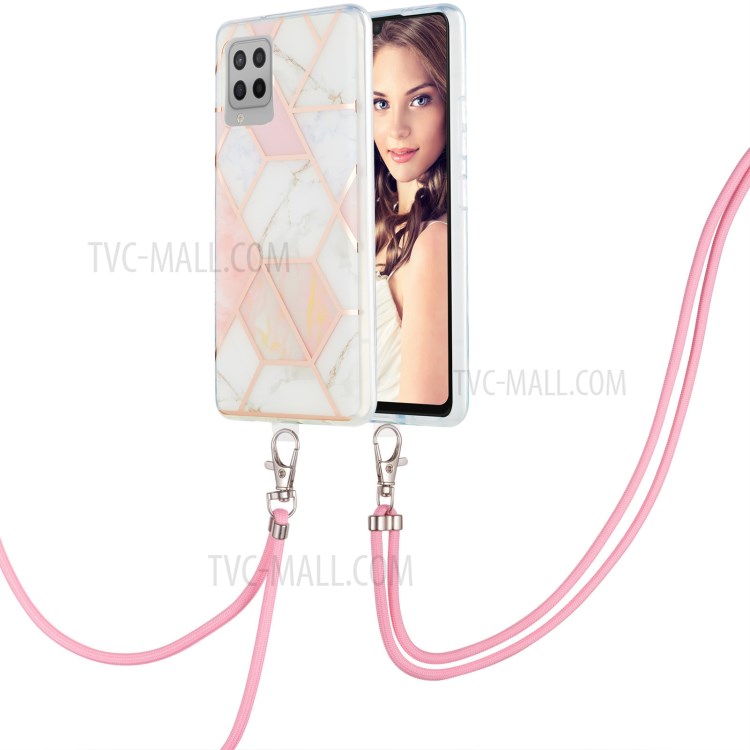 Marble Pattern Protective Shell 2.0mm IMD Electroplating Phone Skin with Carrying Lanyard for Samsung Galaxy A42 5G - Pink/White-2