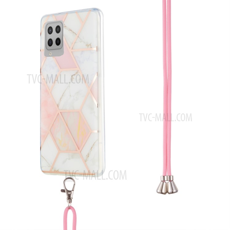 Marble Pattern Protective Shell 2.0mm IMD Electroplating Phone Skin with Carrying Lanyard for Samsung Galaxy A42 5G - Pink/White-3