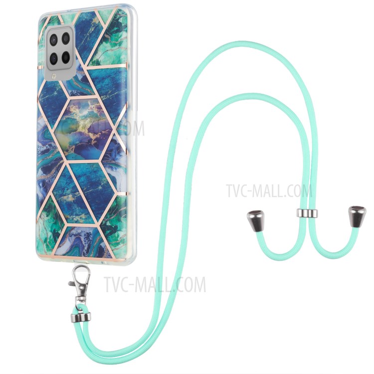 Marble Pattern Protective Shell 2.0mm IMD Electroplating Phone Skin with Carrying Lanyard for Samsung Galaxy A42 5G - Blue/Green-1