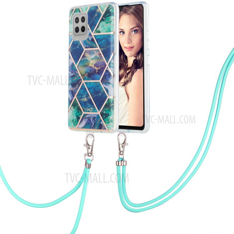 Marble Pattern Protective Shell 2.0mm IMD Electroplating Phone Skin with Carrying Lanyard for Samsung Galaxy A42 5G - Blue/Green-2