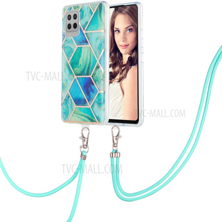 Marble Pattern Protective Shell 2.0mm IMD Electroplating Phone Skin with Carrying Lanyard for Samsung Galaxy A42 5G - Green-2