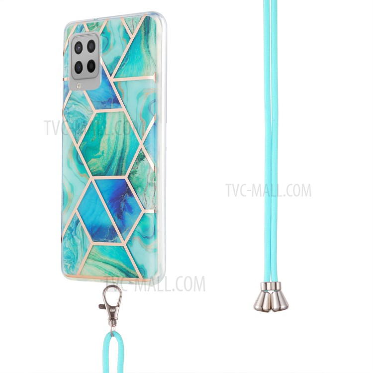 Marble Pattern Protective Shell 2.0mm IMD Electroplating Phone Skin with Carrying Lanyard for Samsung Galaxy A42 5G - Green-3