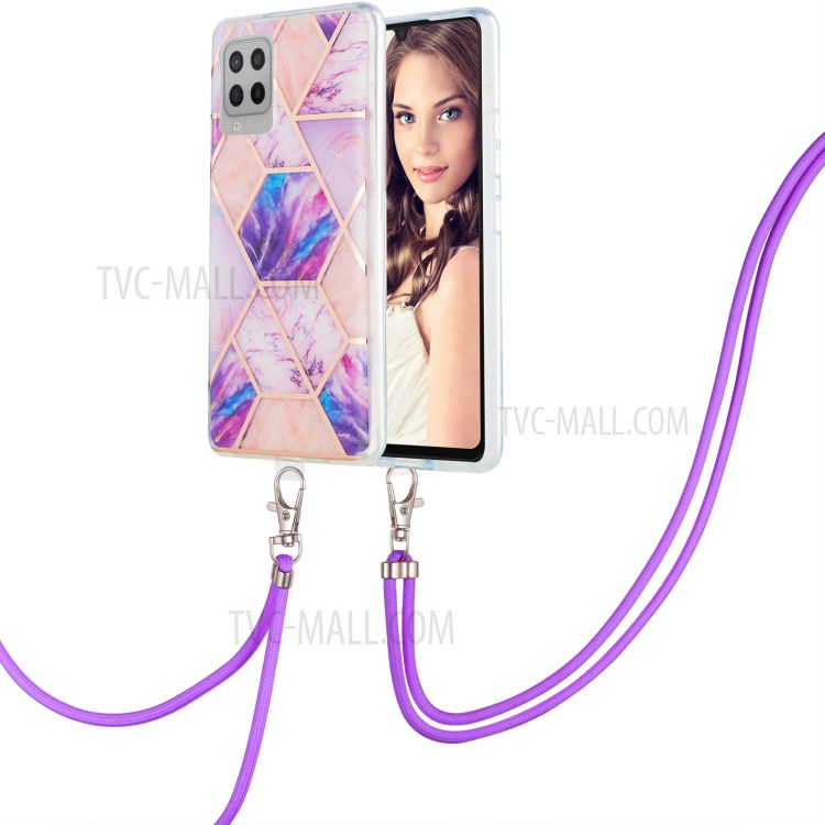 Marble Pattern Protective Shell 2.0mm IMD Electroplating Phone Skin with Carrying Lanyard for Samsung Galaxy A42 5G - Light Purple-2
