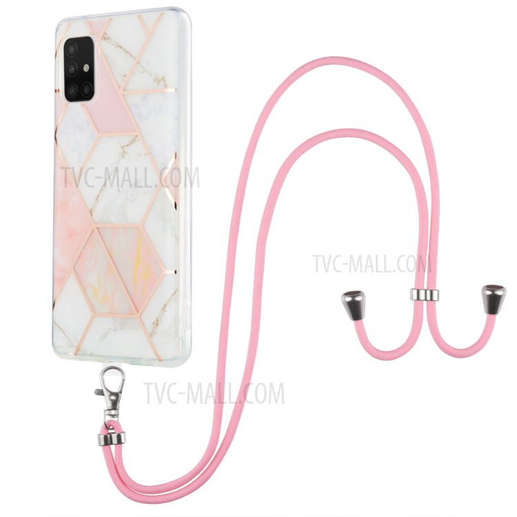 Marble Pattern 2.0mm IMD Electroplating Phone Protective Shell Skin with Lanyard for Samsung Galaxy A51 5G SM-A516 - Pink/White-1