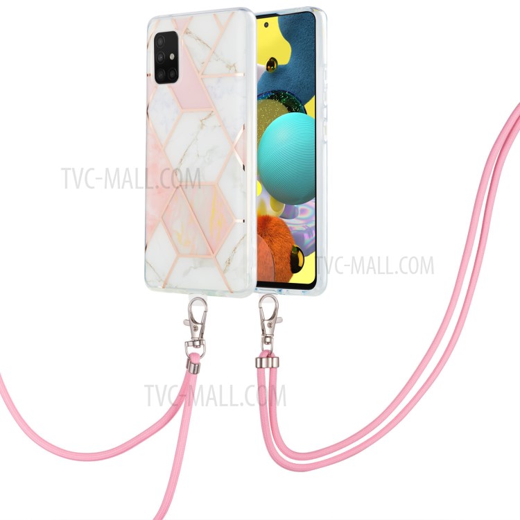 Marble Pattern 2.0mm IMD Electroplating Phone Protective Shell Skin with Lanyard for Samsung Galaxy A51 5G SM-A516 - Pink/White-2