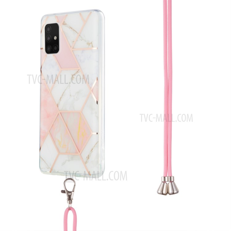 Marble Pattern 2.0mm IMD Electroplating Phone Protective Shell Skin with Lanyard for Samsung Galaxy A51 5G SM-A516 - Pink/White-3