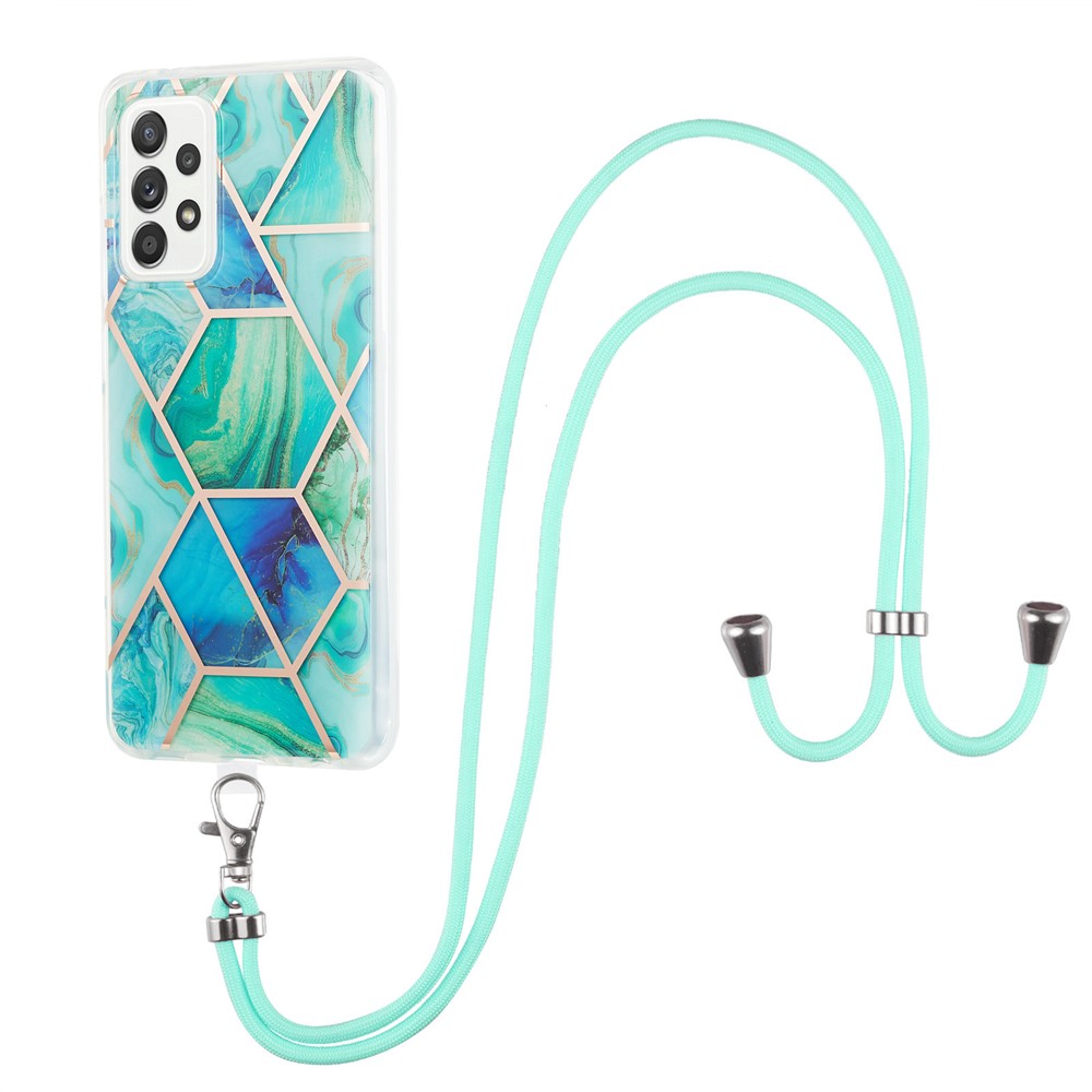 Marble Pattern 2.0mm IMD Electroplating Protective Shell Splicing TPU Phone Skin with Lanyard for Samsung Galaxy A52 4G/5G - Green-1