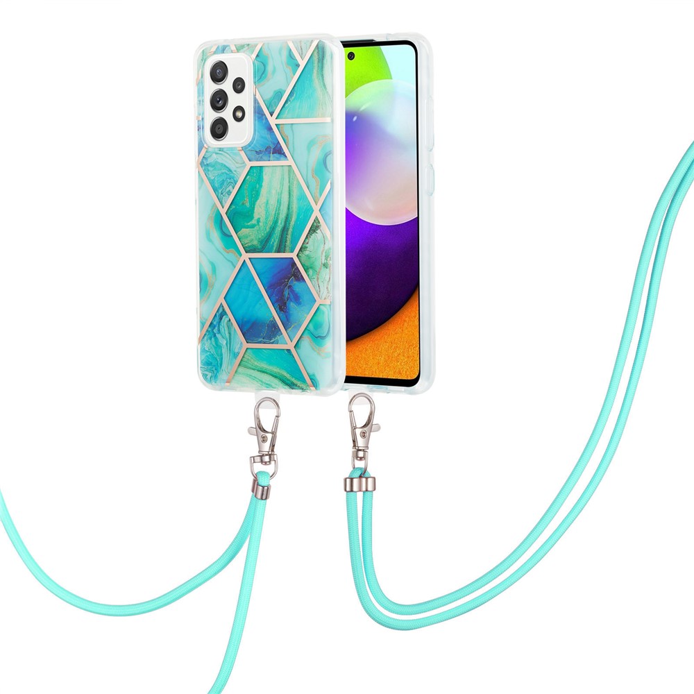 Marble Pattern 2.0mm IMD Electroplating Protective Shell Splicing TPU Phone Skin with Lanyard for Samsung Galaxy A52 4G/5G - Green-2