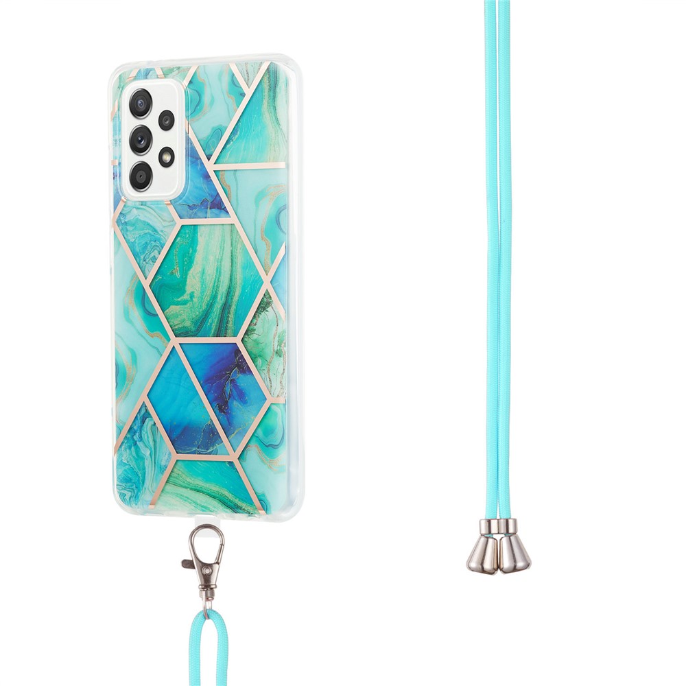 Marble Pattern 2.0mm IMD Electroplating Protective Shell Splicing TPU Phone Skin with Lanyard for Samsung Galaxy A52 4G/5G - Green-3