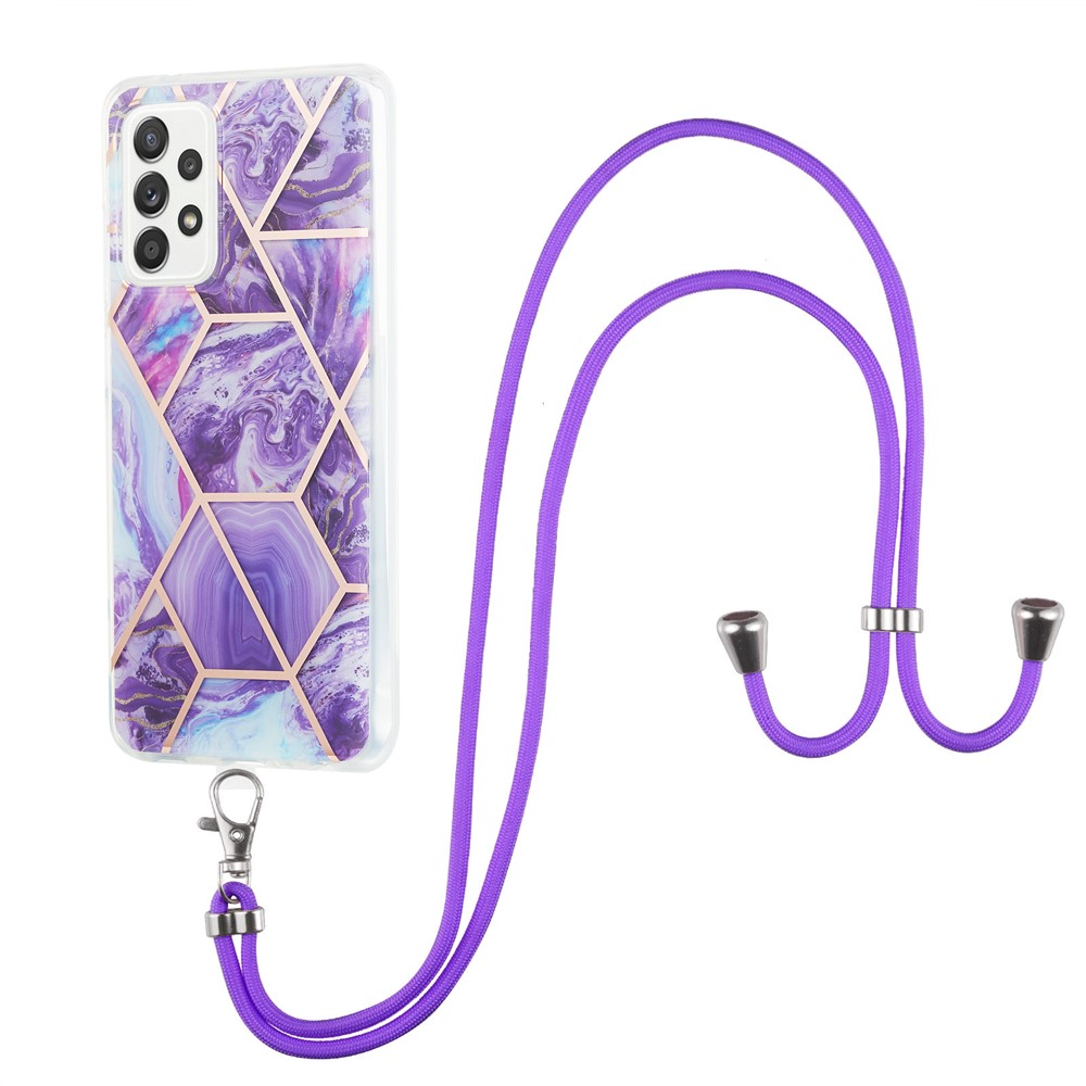 Marble Pattern 2.0mm IMD Electroplating Protective Shell Splicing TPU Phone Skin with Lanyard for Samsung Galaxy A52 4G/5G - Dark Purple-1