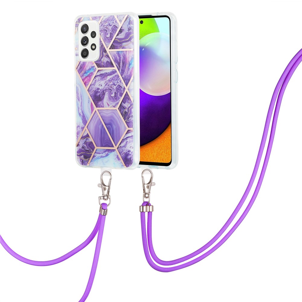 Marble Pattern 2.0mm IMD Electroplating Protective Shell Splicing TPU Phone Skin with Lanyard for Samsung Galaxy A52 4G/5G - Dark Purple-2