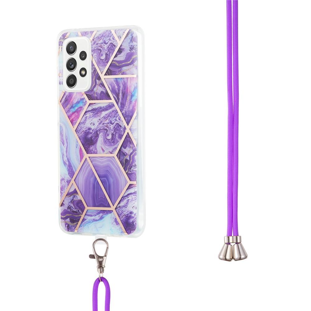 Marble Pattern 2.0mm IMD Electroplating Protective Shell Splicing TPU Phone Skin with Lanyard for Samsung Galaxy A52 4G/5G - Dark Purple-3