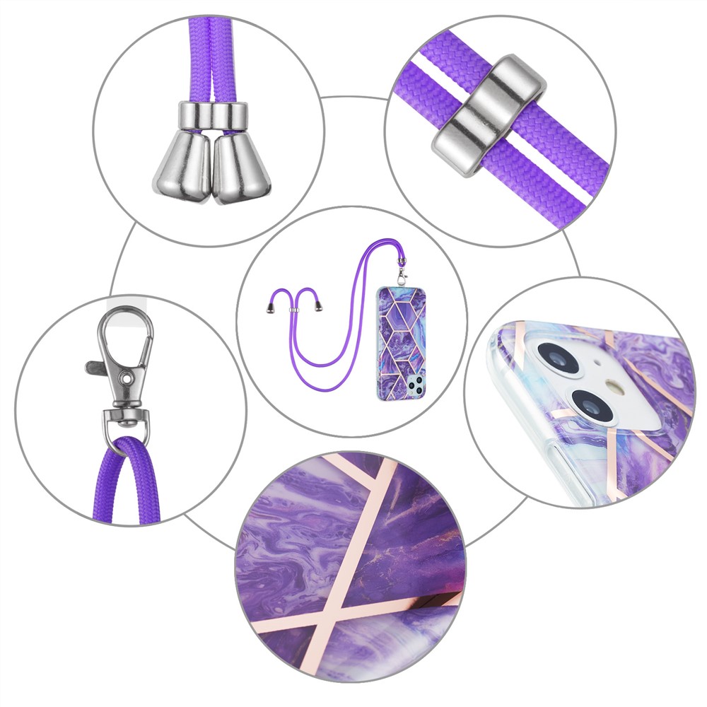 Marble Pattern 2.0mm IMD Electroplating Protective Shell Splicing TPU Phone Skin with Lanyard for Samsung Galaxy A52 4G/5G - Dark Purple-5