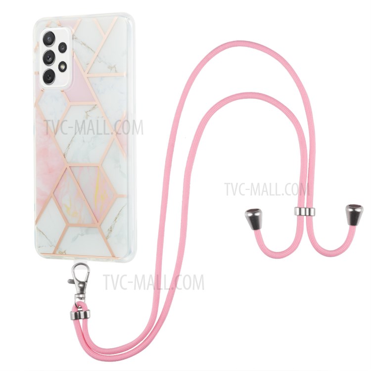 Marble Pattern 2.0mm IMD Electroplating Phone Shell Splicing TPU Case with Lanyard for Samsung Galaxy A72 4G/5G - Pink/White-1
