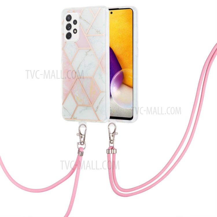 Marble Pattern 2.0mm IMD Electroplating Phone Shell Splicing TPU Case with Lanyard for Samsung Galaxy A72 4G/5G - Pink/White-2
