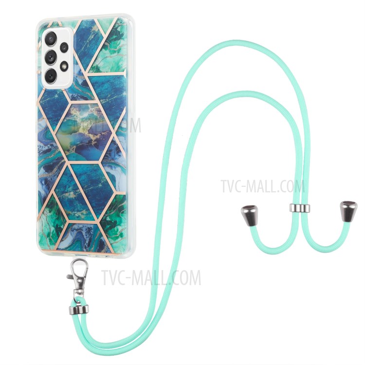 Marble Pattern 2.0mm IMD Electroplating Phone Shell Splicing TPU Case with Lanyard for Samsung Galaxy A72 4G/5G - Blue/Green-1