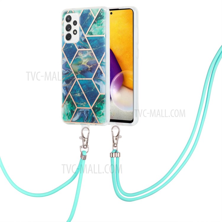 Marble Pattern 2.0mm IMD Electroplating Phone Shell Splicing TPU Case with Lanyard for Samsung Galaxy A72 4G/5G - Blue/Green-2