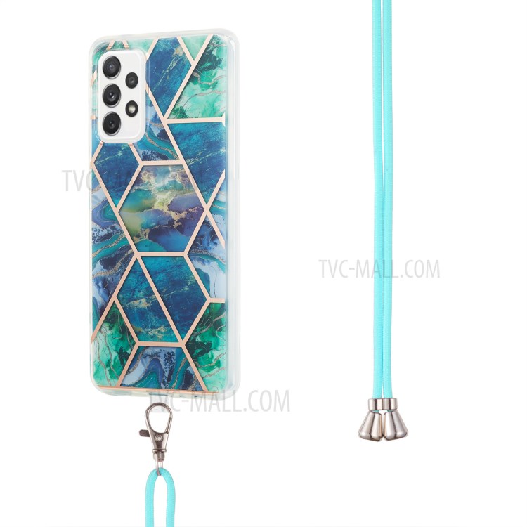 Marble Pattern 2.0mm IMD Electroplating Phone Shell Splicing TPU Case with Lanyard for Samsung Galaxy A72 4G/5G - Blue/Green-3