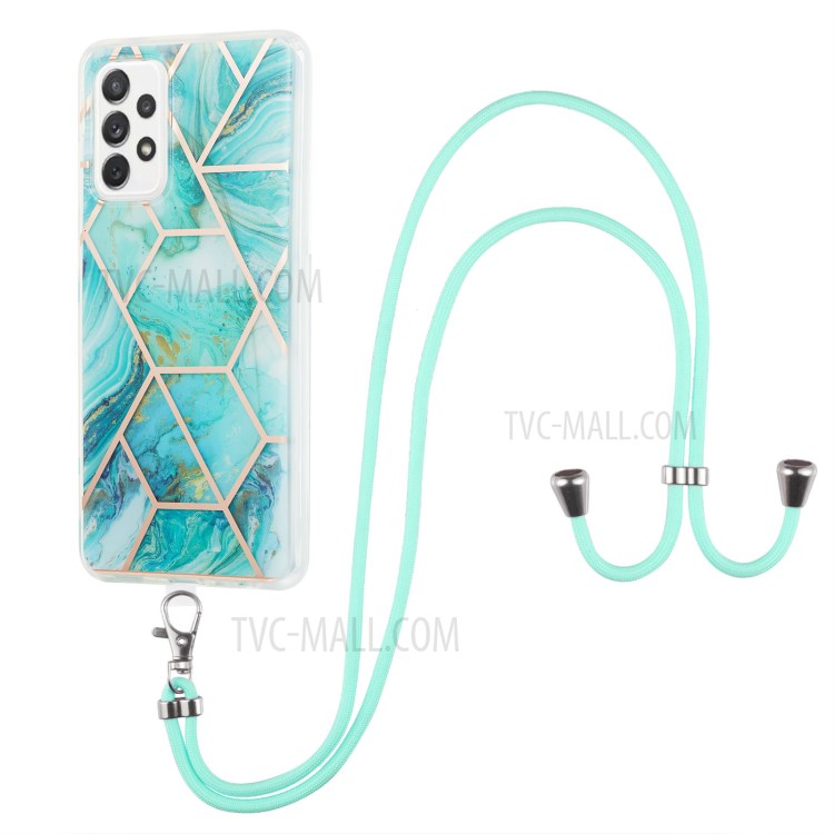Marble Pattern 2.0mm IMD Electroplating Phone Shell Splicing TPU Case with Lanyard for Samsung Galaxy A72 4G/5G - Blue-1