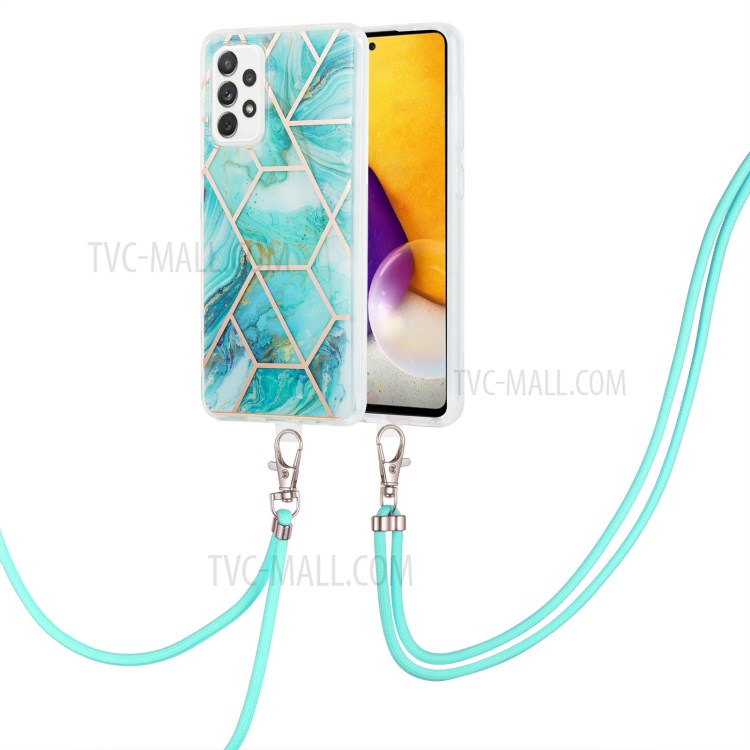 Marble Pattern 2.0mm IMD Electroplating Phone Shell Splicing TPU Case with Lanyard for Samsung Galaxy A72 4G/5G - Blue-2