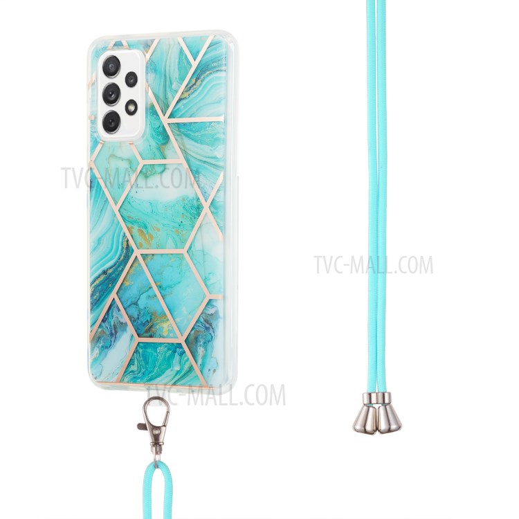 Marble Pattern 2.0mm IMD Electroplating Phone Shell Splicing TPU Case with Lanyard for Samsung Galaxy A72 4G/5G - Blue-3