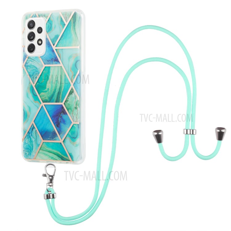 Marble Pattern 2.0mm IMD Electroplating Phone Shell Splicing TPU Case with Lanyard for Samsung Galaxy A72 4G/5G - Green-1