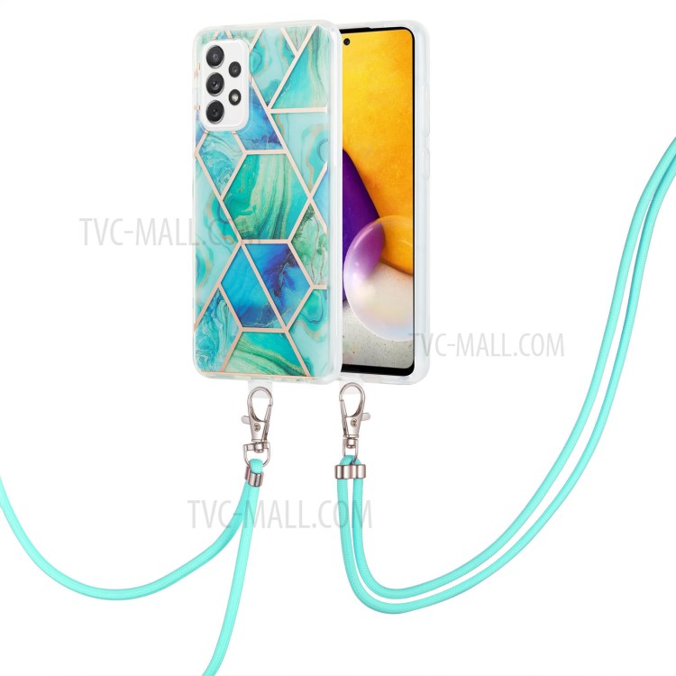 Marble Pattern 2.0mm IMD Electroplating Phone Shell Splicing TPU Case with Lanyard for Samsung Galaxy A72 4G/5G - Green-2