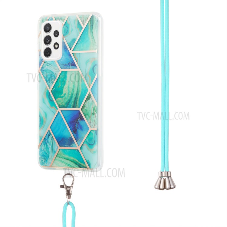 Marble Pattern 2.0mm IMD Electroplating Phone Shell Splicing TPU Case with Lanyard for Samsung Galaxy A72 4G/5G - Green-3